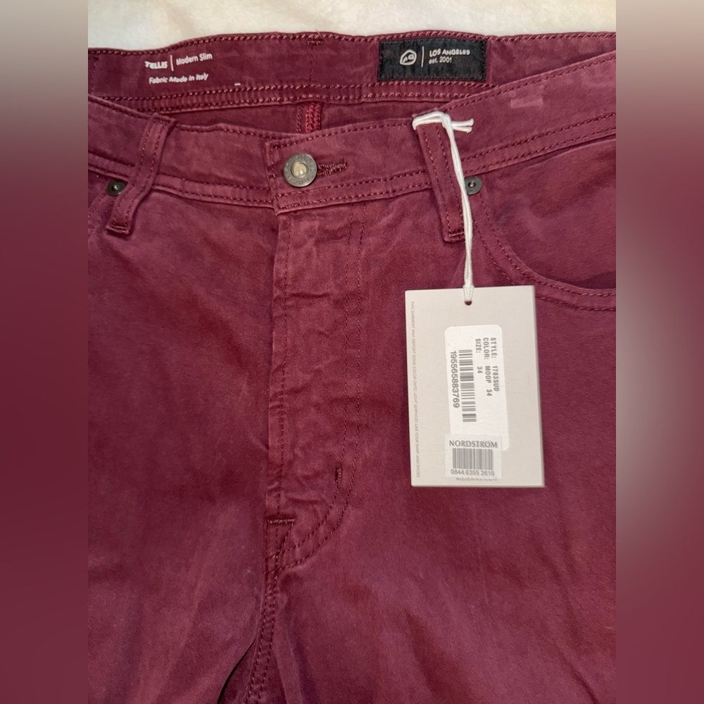 AG Sueded Sateen Tellis Modern Slim Burgundy Denim Pants Men’s 34